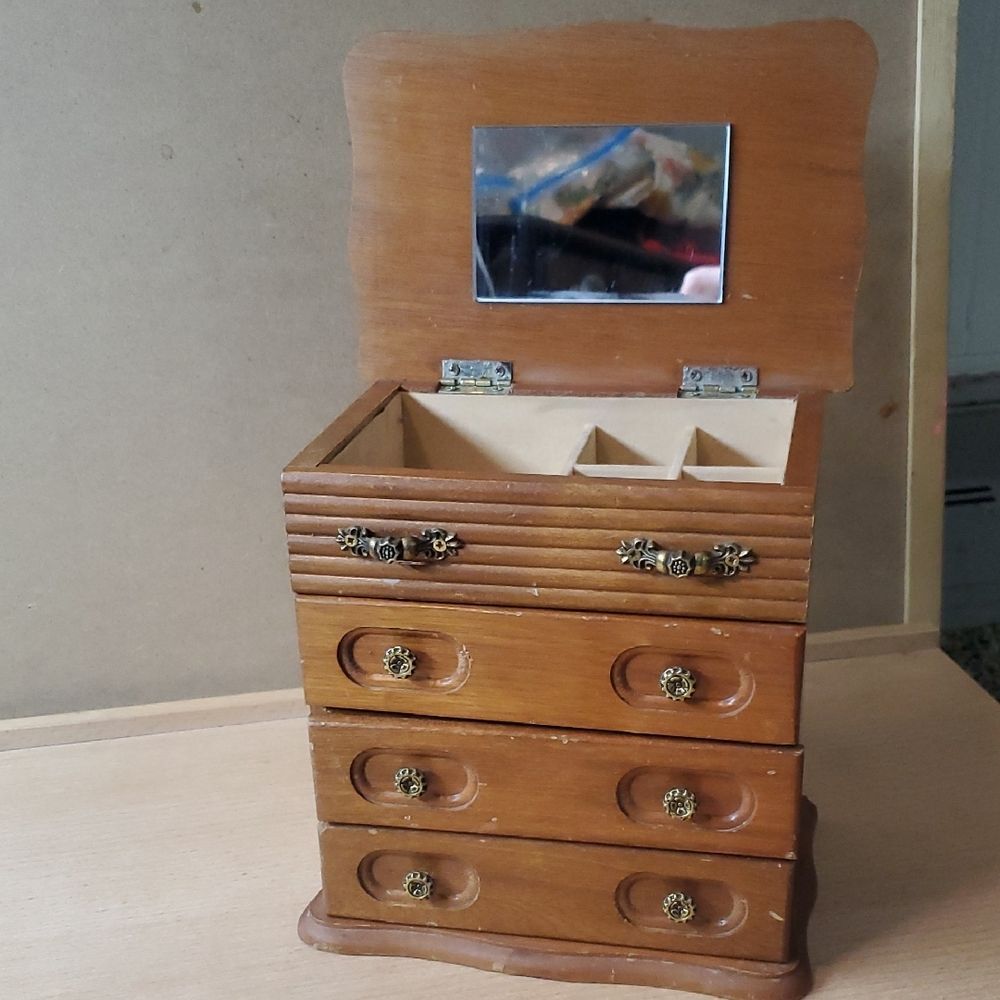 Vintage Wooden Jewelry Organizer with Mirror Trinket Box Hinged Cage